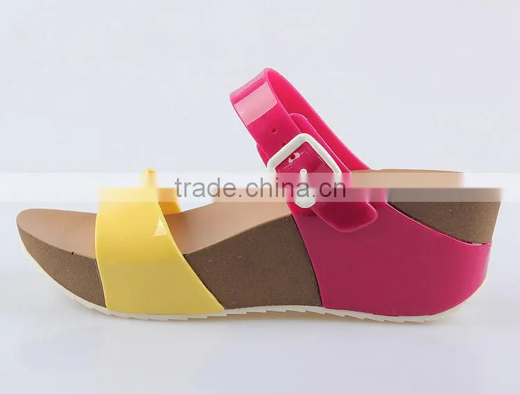 2015 Women Jelly PVC Slipper shoes Stitching Color PU Wedge Sandals PU Wedges Shoes