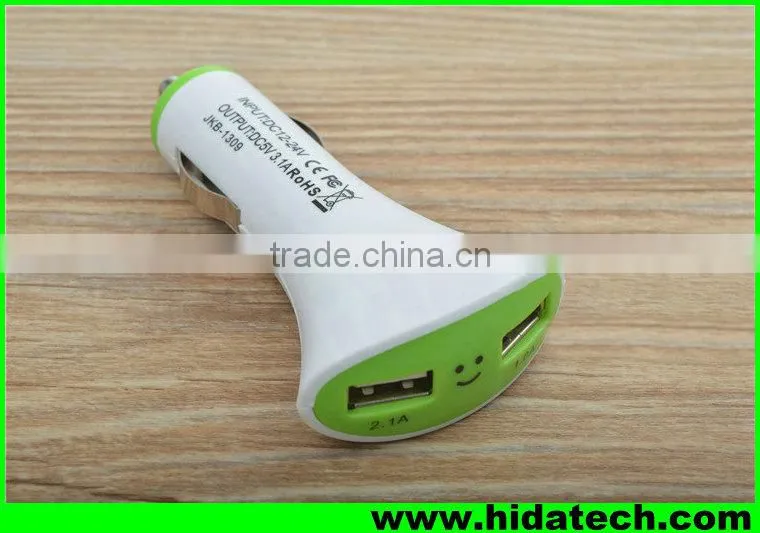 Christmas promotional dual usb electric car charger adapter for iphone in fanshaped with smile face