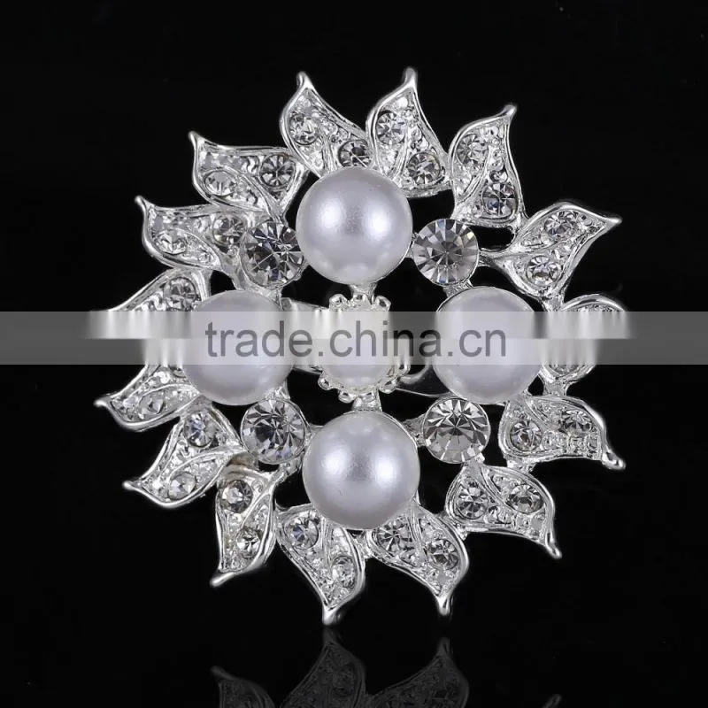 Polygon Rhinestone Flower Brooch Pins With Pearls,Pearl Beaded Bridal Brooch For Dresses