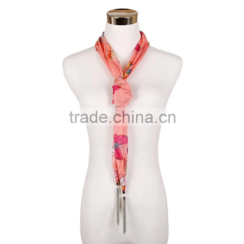 2015 New design functional butterfly print scarf, summer flower tassel scarf