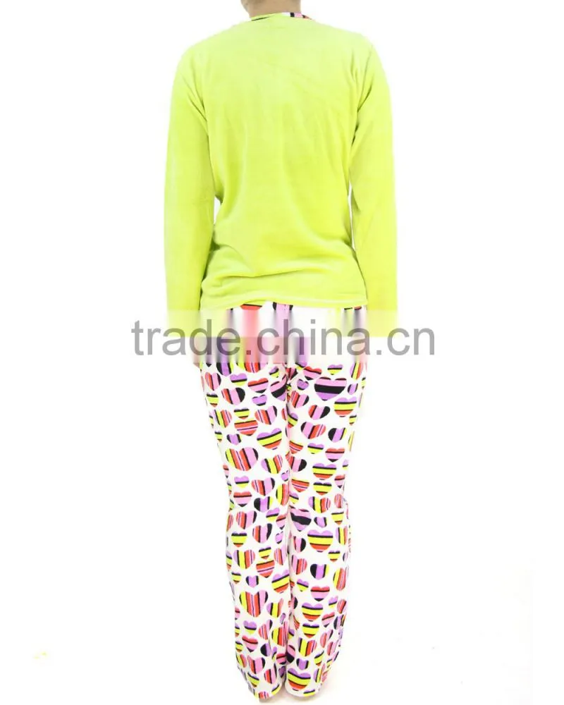 Kevince velour pyjama set pant green reactive print knitting woman MOQ 1000sets OEM factory directly