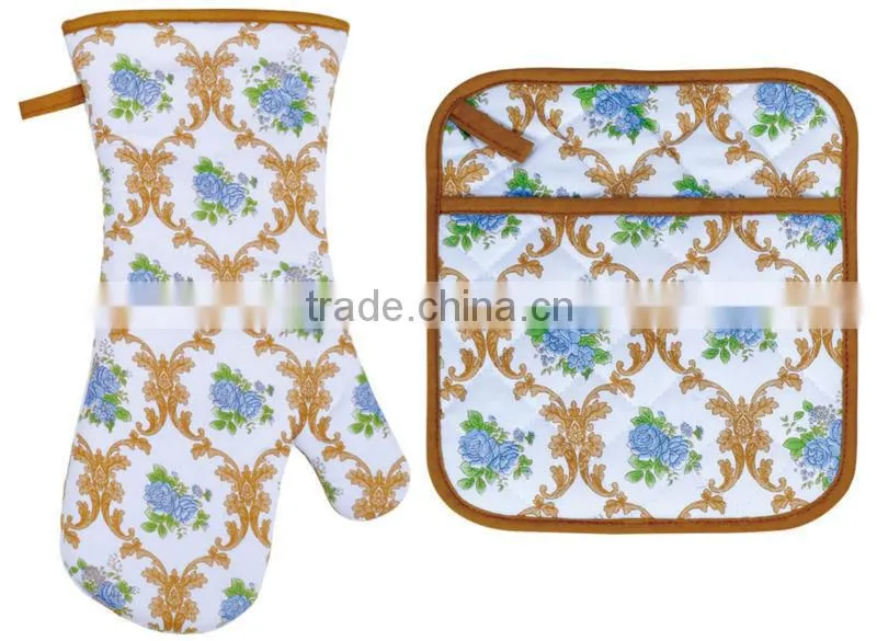 2015 HIGH QUALITY NEW DESIGN PRINTING FLOWERS AND PLANTS COTTON (OVEN MITT& POT HOLDER) KITCHEN SET MK-1502&1506