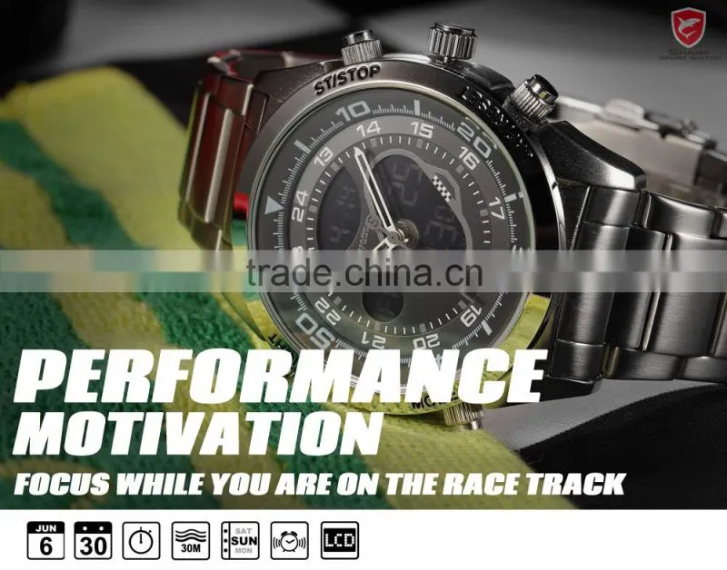 Shark Men Sport Brand New LED Analog Dual Time Zone Black Dial Japan Qaurtz Multifunction Movement Watch