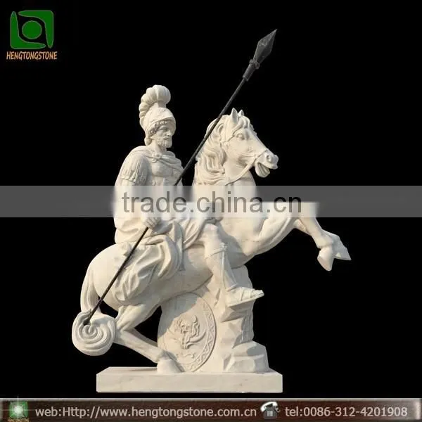 Western White Marble Soldier Riding Horse Sculpture
