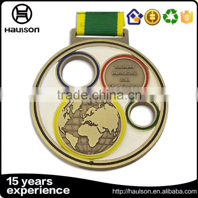cheap custom hollow out casting round shape soft enamel iron brass zinc alloy antique gold plated sport medal with ribbon