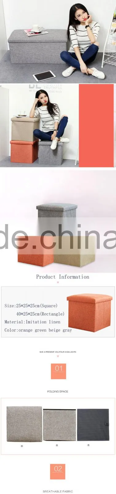 White square linen Folding Seat Foot Stool Storage Box
