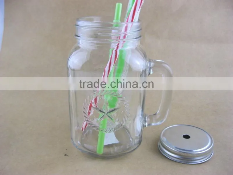 glass mason jars , drinking jar , glass mason jar with handle and metal lid straw