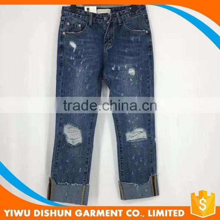 Women china wholesale fashion ripped rolling up jeans