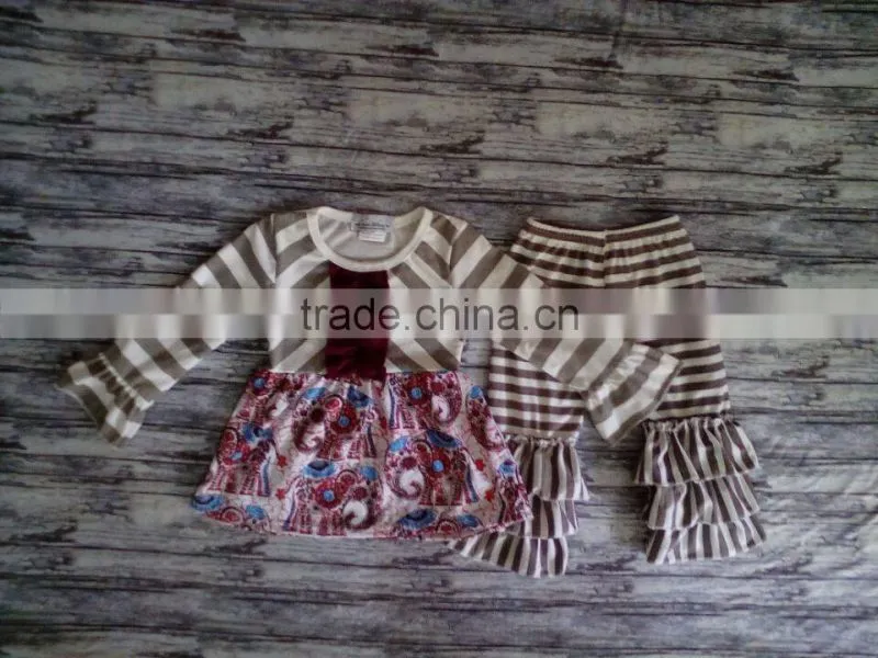 2016 Whosale girl boutique outfits kids Spring clothing sets girls long sleeve and ruffle pant set
