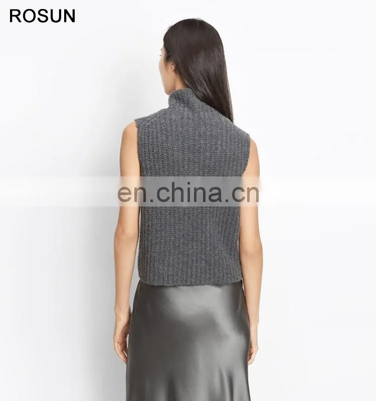 Women Grey Chunky Rib Cashmere Sleeveless Turtleneck Sweater