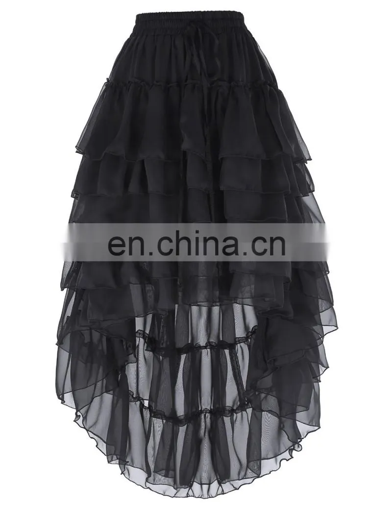 Belle Poque Women Ladies Amelia Steampunk Elastic Waist Ruffled Chiffon Black Color Cake Skirt BP000227-1
