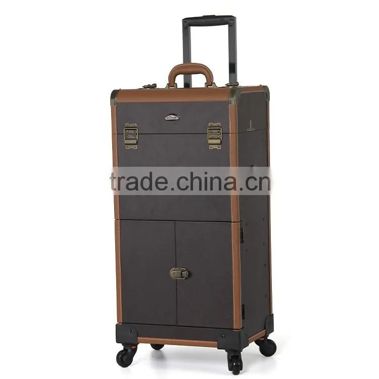 Professional large size rolling cosmetic case trolley 2 in1 makeup case with mirror