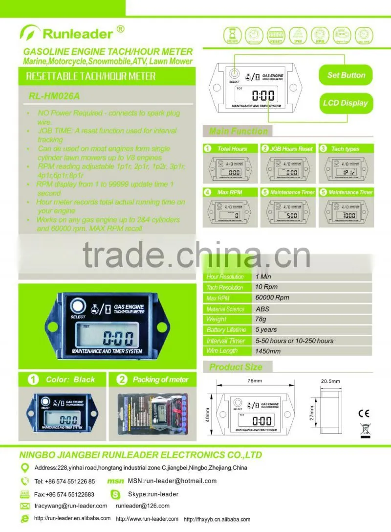 Digital Resettable Waterproof Inductive Tacho Hour Meter Used For Motorcycle,Marine,Boat,Snowmobile,Lawn Mower,Generator,Jet Ski