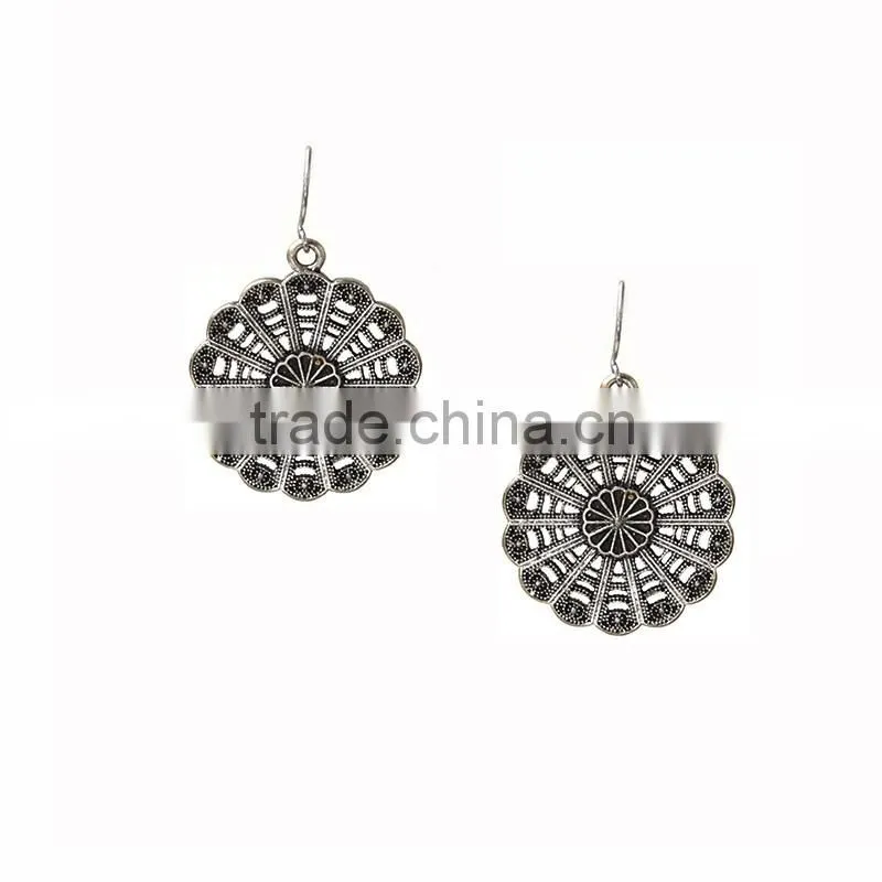 Newest Bohemian Jewelry Wheel Shape Antique Silver Plated Hook Dangle Earrings