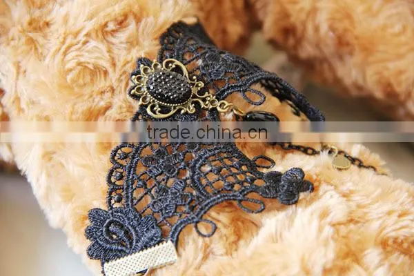 Black Lace Slave Bracelets with Ring Lolita Sexy Glass Bead Chain Metal