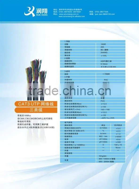 2012 high quality UTP lan /network cable cat3 for 50 pairs UTP