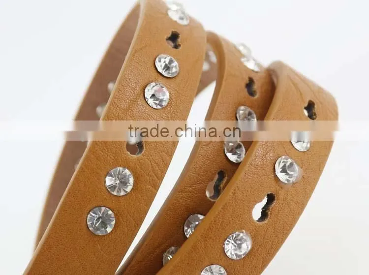 Women's fashion pu leather shiny rhinestone belt with shiny gold buckles in yiwu