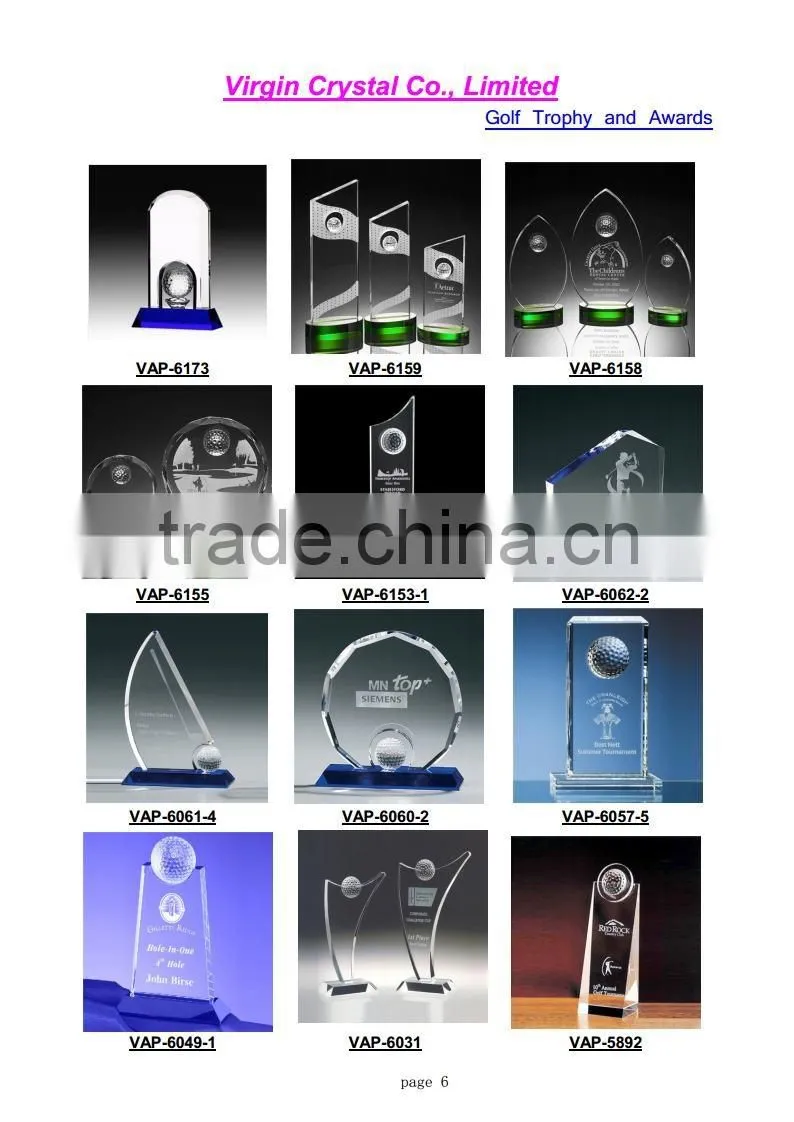 Wholesale new design crystal golf trophy awards for golf club souvenir gifts