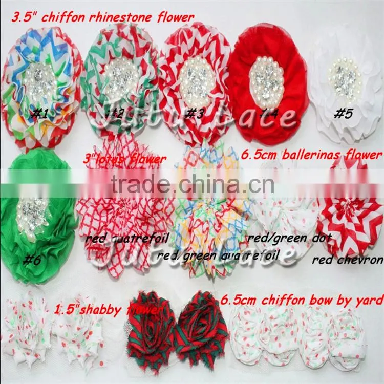 Red Green White Christmas DIY Kit Party Headband Kit -layer satin flower with rhinestone plus crochet elastic headband
