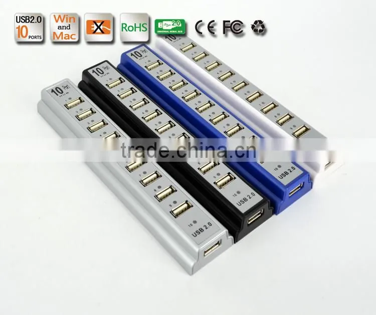 Wholesale Durable 10 Port Hi-Speed USB 2.0 Hub Splitter US Adapter AC Power For PC Laptop 3 Colors