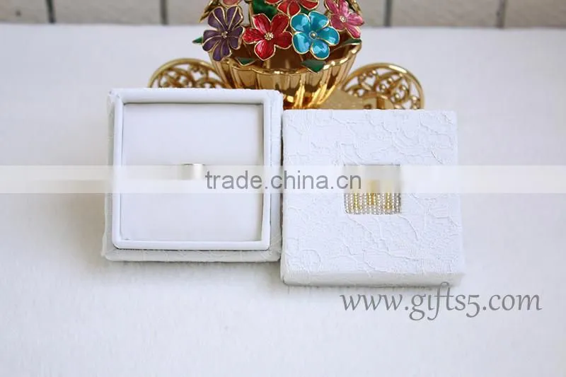 White wedding boxes for ring package with beaded name plate of M