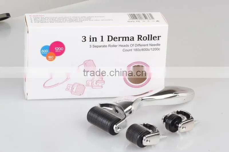 BEST ! 3 in 1 silver derma roller with 3 heads 180 /600/1200 micro needles roller