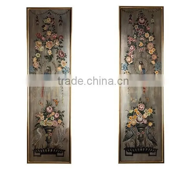 A Pair of Antique Gold Hanging Wall Picture,Noble Floral Painted Wood Decorative Wall Painting, Classic Drawing Hanging Wall Art