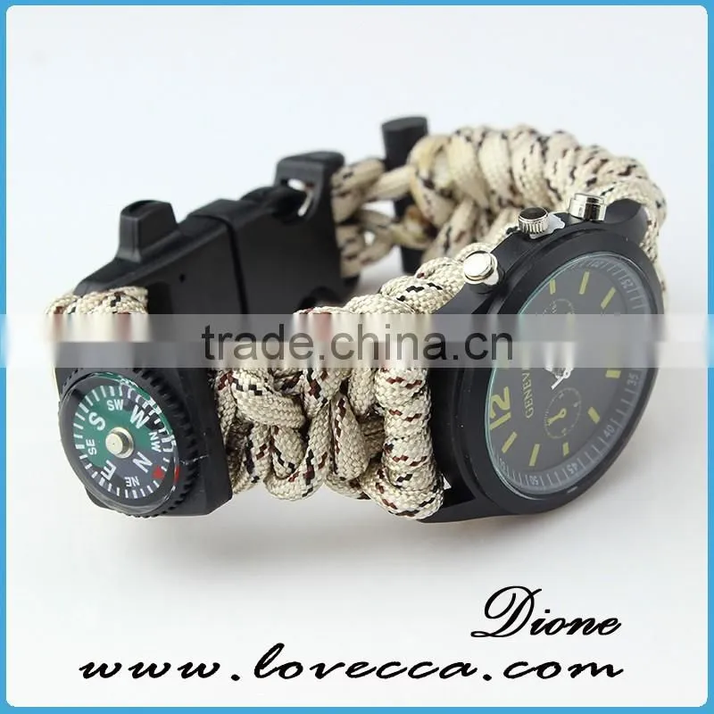 Multifunction Waterproof Survival Paracord Bracelet Watch With Compass Flint Fire Starter Scraper Whistle Gear