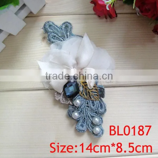 Custom wholesale vintage beautiful ribbon fabric rhinestone cloth applique for wedding dress