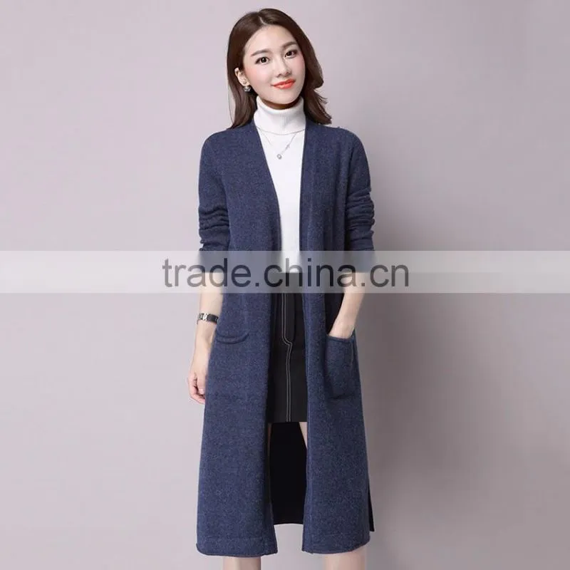 New elegant products pocket longline navy knit sweater cardigan women 2016
