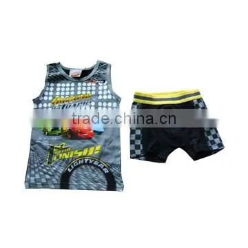 95%cotton 5% spandex Green kid sleeveless vest suit with linear design