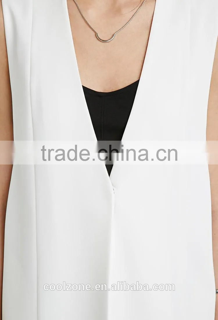 Collarless V-neck longline women vest woven vests with pockets