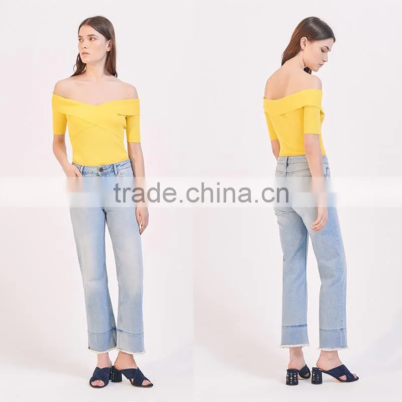 Elasticated knit crossover shape V-neck short sleeves strapless tank