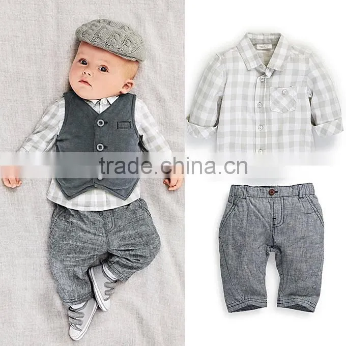 2016 Baby Boy Clothing sets Cotton Boy Suit With Vest And Grid Tops Grey Pants Infant Wear Kids Clothes Child Apparel