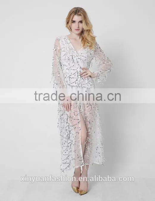 New long sleeves deep V sexy dress net yarn tassel sequins pictures of long skirts ladies formal skirt and blouse