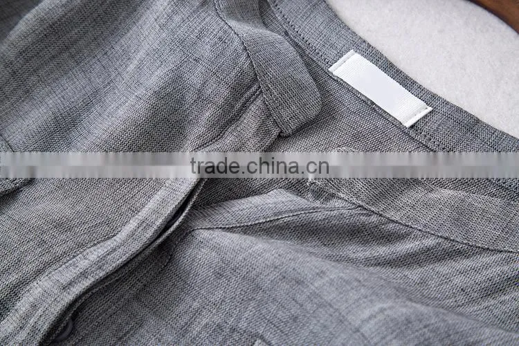 High quality Womens Long sleeveCotton and linen plain gray casual blouse