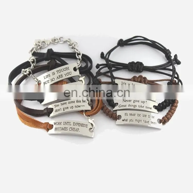 High quality stainless steel jewelry fashion bracelet customerized engrave messages leather bracelet