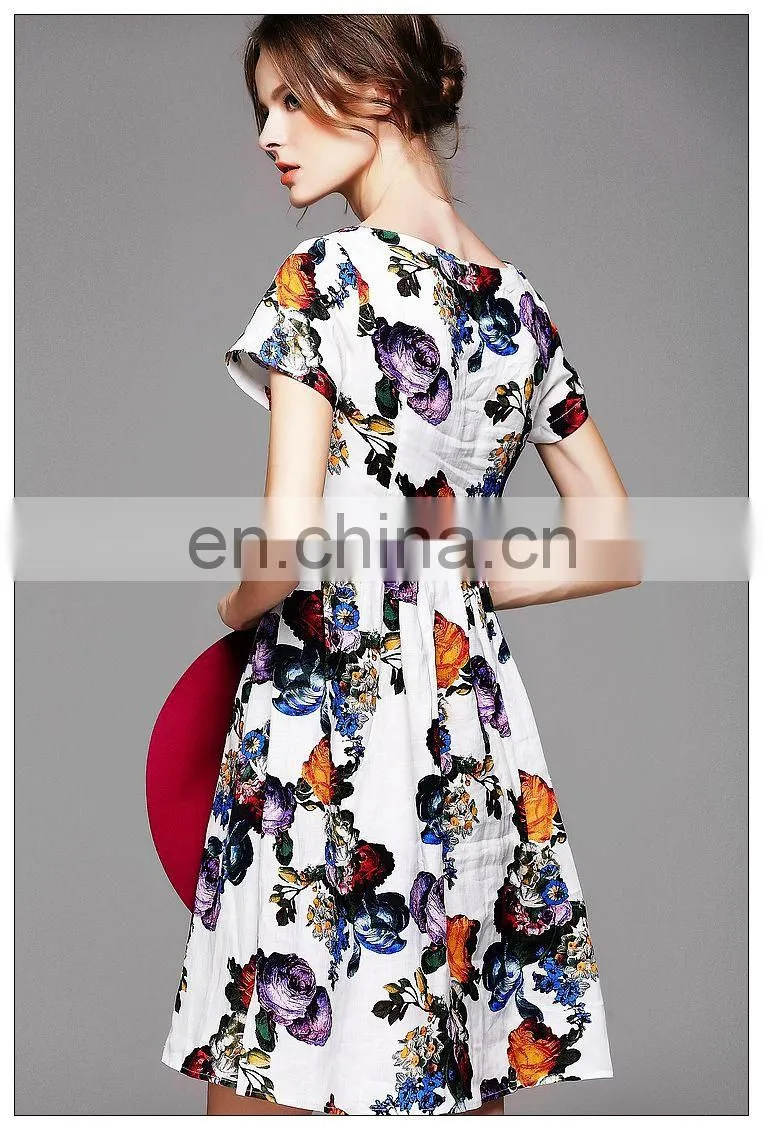 Ladies high quality short sleeve trendy dress with gathtering waist pretty print dress fashion