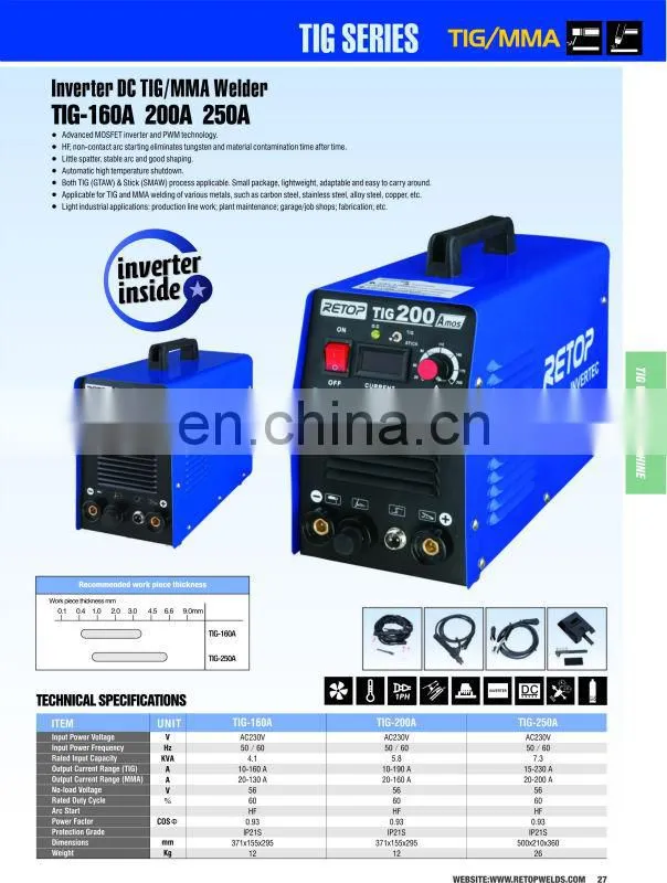 Newest Hot Selling Best Price Digital Voltmeter for Welding Machine TIG 160A/200A/250A DC TIG Welding Mild Steel DC MOTOR 7.5KVA