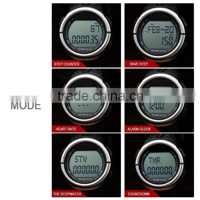 2015 Popular Pulse Rate Pedometer Watch with Heart Rate Watch with Pulse Alarm Clock Calorie Counter Watch