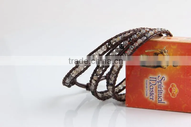 Fashion Jewelry 4 Strands 4mm Agate/Turquoise/Aquamarine/Opal Handmade Brown Leather Beaded Wrap Bracelet Excellent Handwork