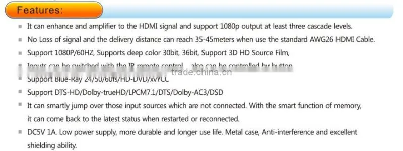 HDMI Switcher 5X1 with remote control support DTS/Dolby-AC3/DSD
