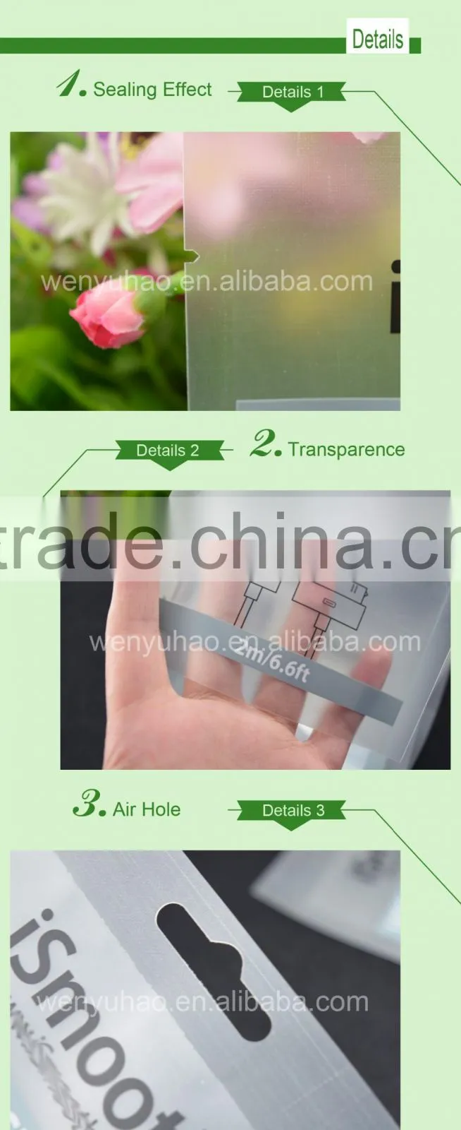 header plastic packing bag for usb sync & charge cable / transparent phone accessories packing bag