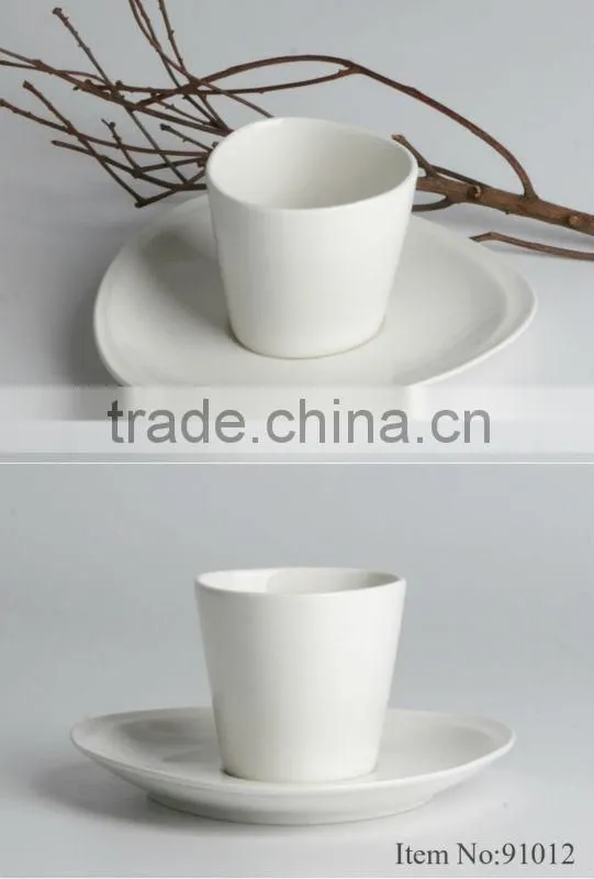 white durable ceramic triangle cup(without handle) with saucer