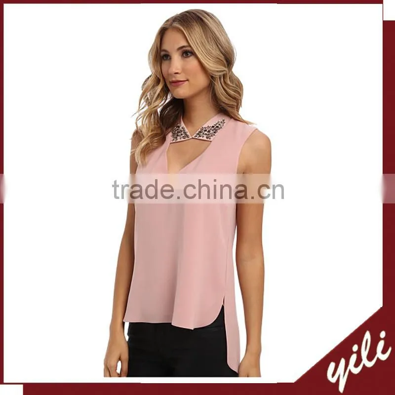 2015 women's chiffon sleeveless blouse beaded v neck designs tops for ladies