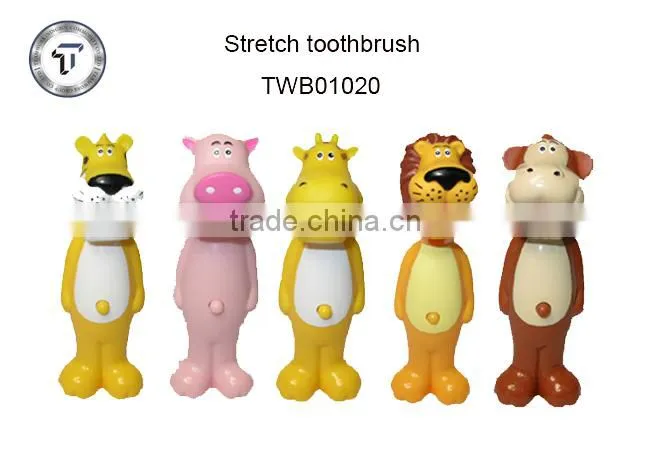 Children stretch out and draw back toothbrush, animal kids toothbrush, bounce up toothbrush