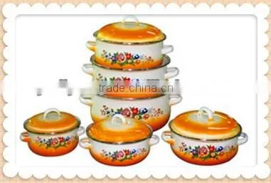 Orange Bottom White Enamel Cookware Pot Set Non-Stick Double Handle Enamel Cooking Pot Set 6 Pcs