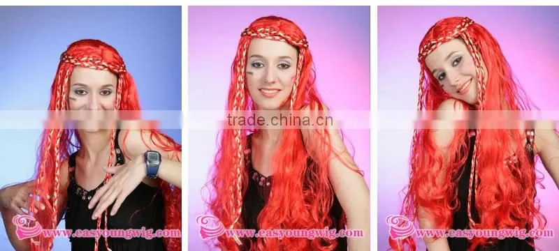 Wholesale long red color braids Wig Type and Machine Made Wig Technique cheap colorful party wig