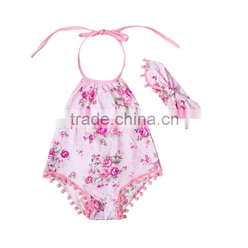 Baby Romper With Pompom And Headband.Summer Children Clothes.Floral Decoration.