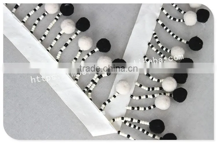 Newest 7cm width black/white handmade beaded pom pom fringe wholesales